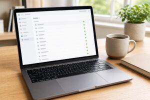 Laptop on a light wood desk displaying a website event tracking interface with a vertical list of events and green checkmark icons indicating active tracking confirming Facebook Pixel and analytics setup