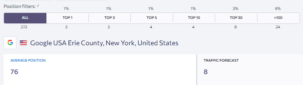 SE Ranking keyword position data before Nico SEO engagement showing average position 76 with 272 tracked keywords and only 1 percent in top 10 for Erie County New York client