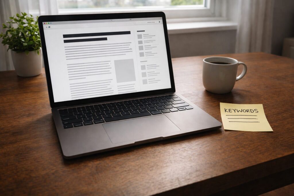 Laptop displaying a structured website wireframe layout on a warm wood desk beside a yellow sticky note labeled KEYWORDS representing the keyword weight audit process used in SEO content strategy