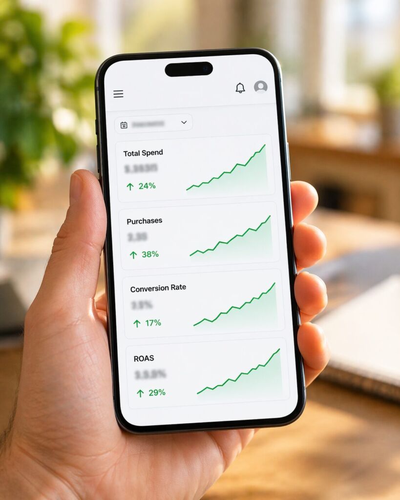 Hand holding a smartphone displaying a digital marketing performance dashboard with four upward trending green charts showing Total Spend up 24%, Purchases up 38%, Conversion Rate up 17%, and ROAS up 29%