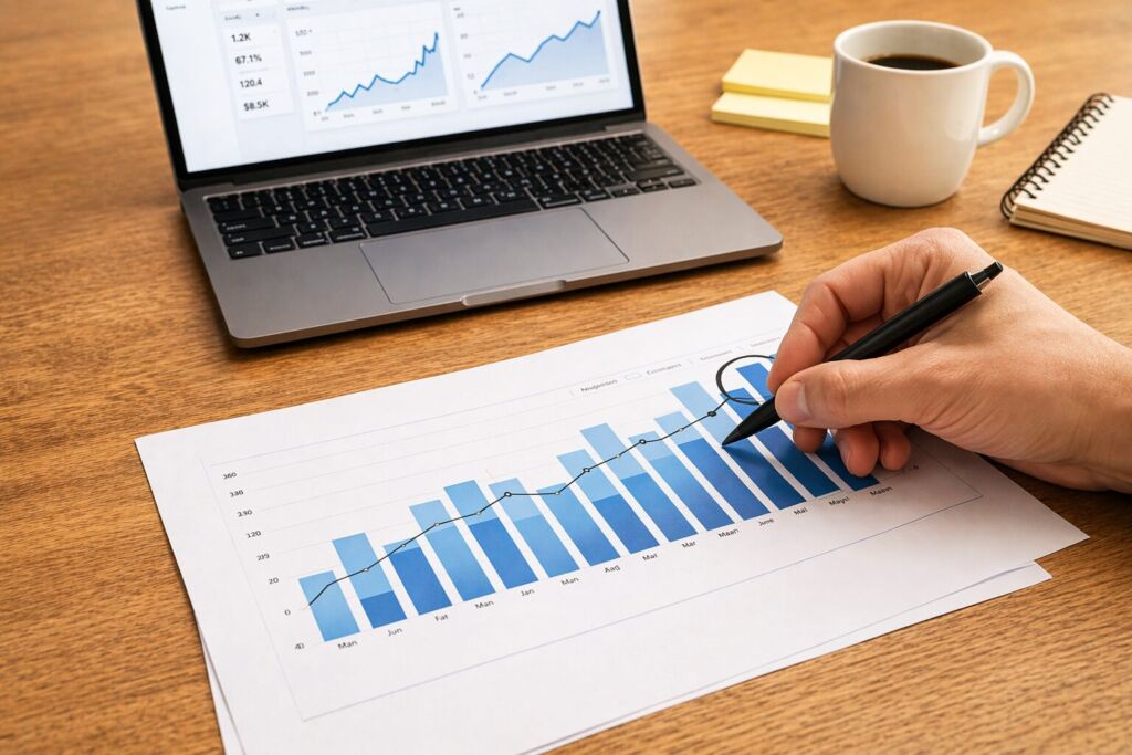 Hand holding a pen over a printed bar chart showing month over month growth with a laptop displaying upward trending analytics dashboards in the background representing SEO and ad campaign performance tracking