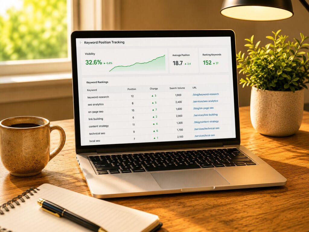 Laptop on warm wood desk showing a keyword position tracking dashboard with rising visibility, improving average position, and green upward arrows across multiple keyword rankings, representing the documented SEO results Nico SEO produces for Erie County businesses