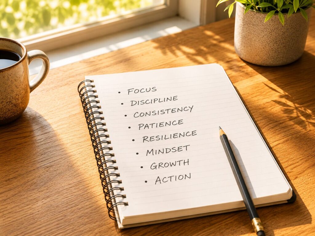 Open notebook on warm wood desk with handwritten strategy list beside a coffee cup and window light, representing the deliberate handcrafted approach Nico SEO uses to build organic rankings for Buffalo NY businesses