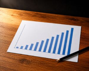 Upward trending bar chart printed on white paper resting on warm oak desk with pencil showing compounding SEO ranking growth over time produced by a handcrafted keyword-targeted content system with synchronized Meta ad campaigns.