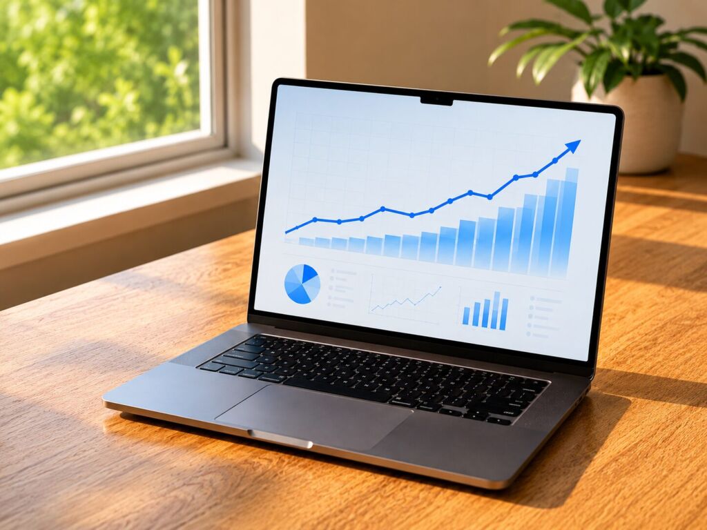 Laptop on warm wood desk showing upward trending SEO analytics chart with rising keyword rankings, representing the compounding organic growth Nico SEO builds for Rochester NY businesses