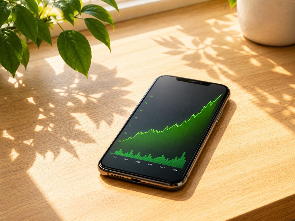 martphone on warm wood surface in Florida sunlight showing a steadily climbing green SEO ranking chart from January through June, representing the compounding organic growth Nico SEO builds for Tampa Bay and Clearwater businesses