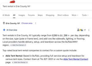 Google AI Overview screenshot showing Able Tent Rental recommended as a top tent rental company in Erie County NY with full contact information