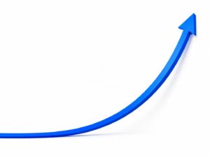 Blue upward growth arrow representing keyword ranking and inquiry volume improvement over 90 days