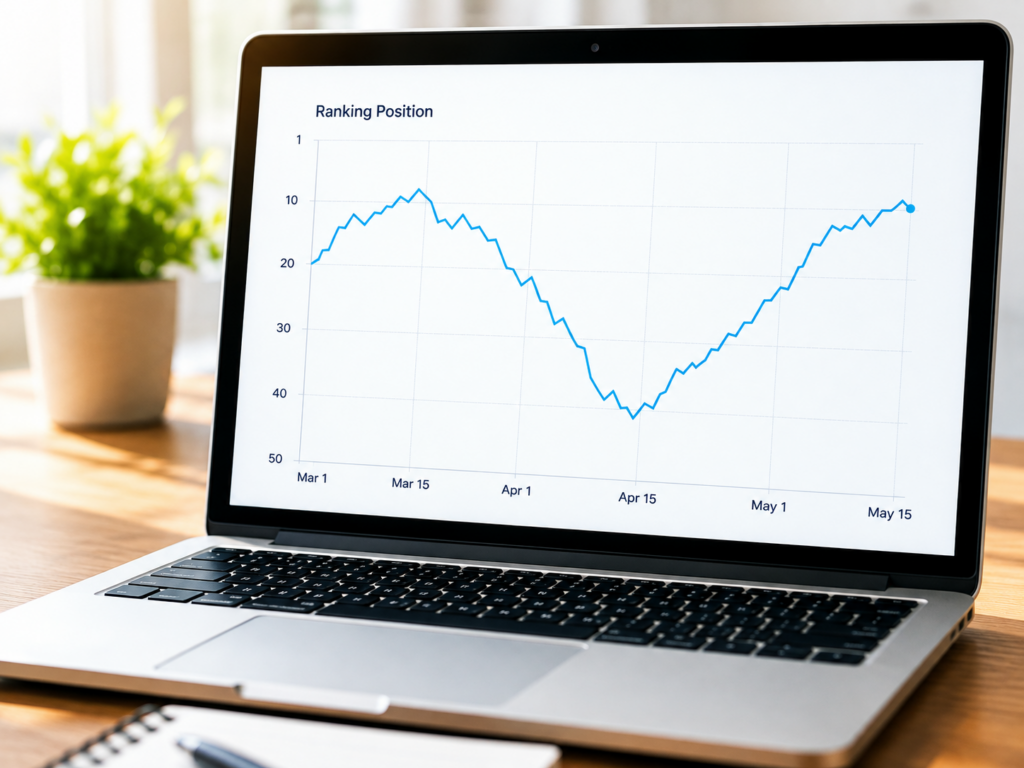 Laptop screen showing a keyword ranking position chart with a climb, drop, and recovery pattern typical of keyword cannibalization