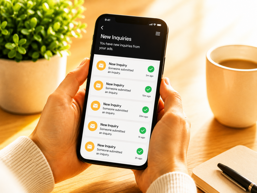 Business owner holding phone displaying new inquiry notifications from a standalone Meta ads campaign built by Nico SEO for a local business