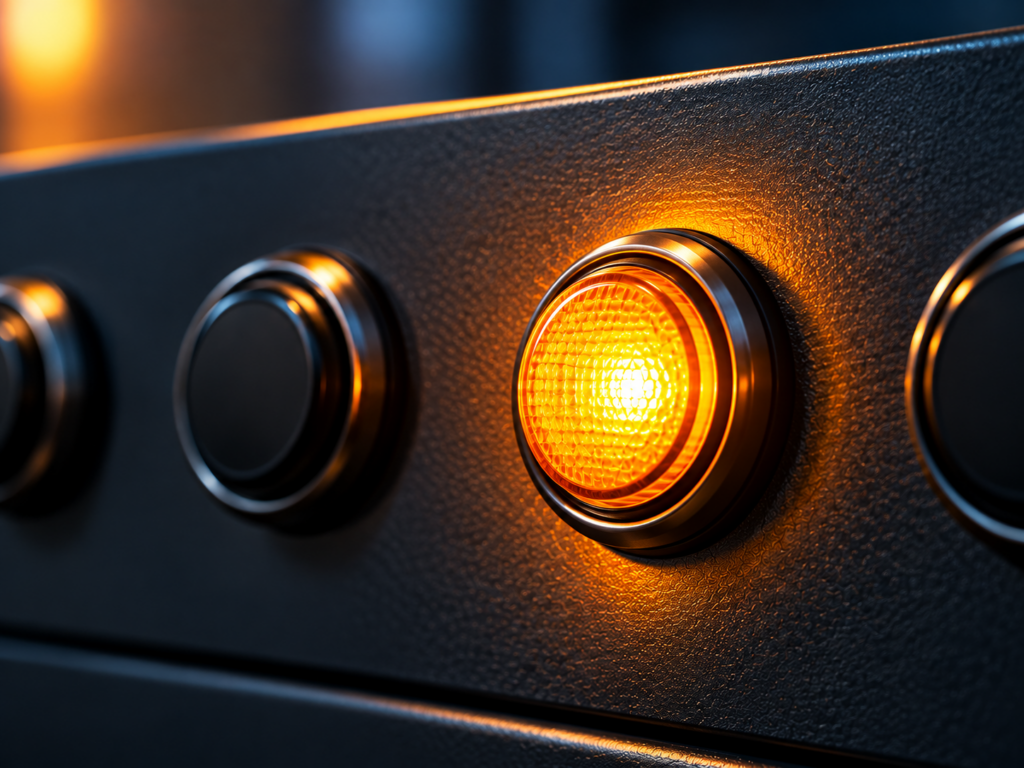 Single glowing amber indicator light illuminated on a dark control panel while surrounding buttons remain dormant, representing the one confirmed cause identified after ruling out an algorithm update and a site restructure