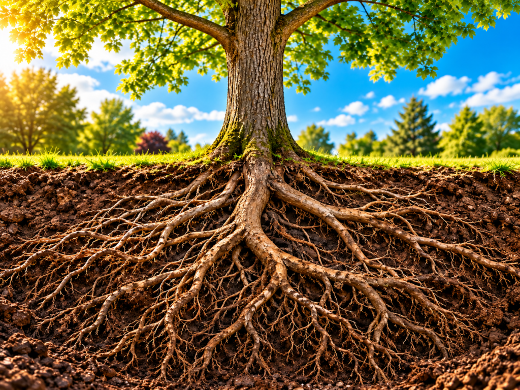 Healthy tree with an extensive root system exposed beneath the soil, representing the deep site structure that supports visible SEO authority
