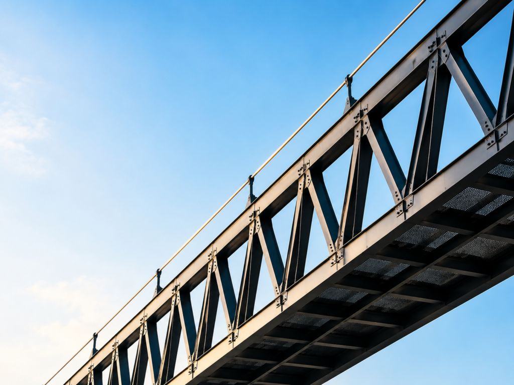 Steel truss bridge structure viewed from below against a clear blue sky, representing the structural precision required in technical ecommerce content review